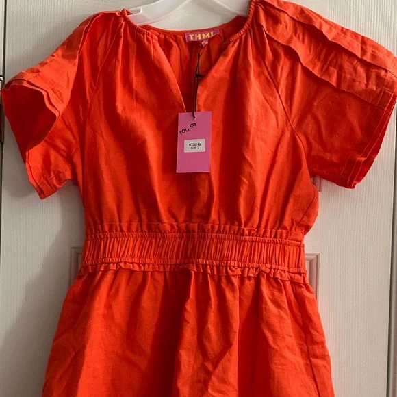 THML Sunset Smocked 100% Linen Dress Orange NWT Women’s S Summer Beach Party - Picture 3 of 10